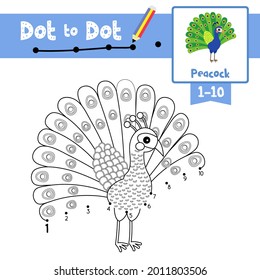 Dot to dot educational game   Coloring book Peacock animals cartoon for preschool kids activity about learning counting number 1  10   handwriting practice worksheet  Vector Illustration 