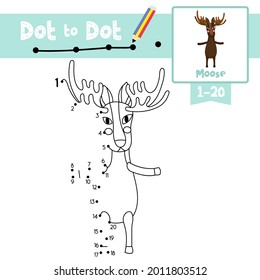 Dot to dot educational game and Coloring book of Moose animals cartoon character for preschool kids activity about learning counting number 1-20 and handwriting practice worksheet. Vector Illustration