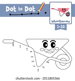 Dot to dot educational game and Coloring book of cute Wheelbarrow cartoon transportations for preschool kids activity about counting number 1-10 and handwriting practice worksheet. Vector Illustration