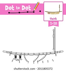 Dot to dot educational game and Coloring book of cute Umiak cartoon transportations for preschool kids activity about counting number 1-10 and handwriting practice worksheet. Vector Illustration.