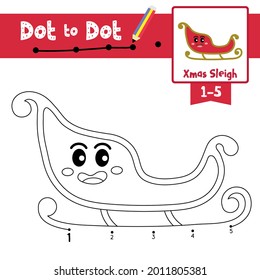 Dot to dot educational game and Coloring book of cute Xmas Sleigh cartoon transportations for preschool kids activity about counting number 1-5 and handwriting practice worksheet. Vector Illustration.