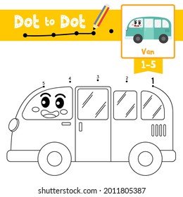Dot to dot educational game and Coloring book of cute Van cartoon transportations for preschool kids activity about counting number 1-5 and handwriting practice worksheet. Vector Illustration.