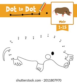 Dot to dot educational game and Coloring book of Mole animals cartoon character for preschool kids activity about learning counting number 1-15 and handwriting practice worksheet. Vector Illustration.