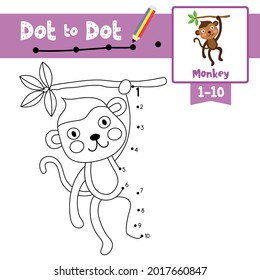 Dot to dot educational game and Coloring book of Cute Monkey animals cartoon for preschool kids activity about learning counting number 1-10 and handwriting practice worksheet. Vector Illustration.