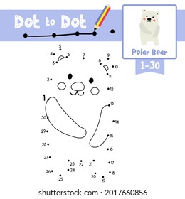 Dot to dot educational game and Coloring book of Polar Bear animals cartoon for preschool kids activity about learning counting number 1-30 and handwriting practice worksheet. Vector Illustration.