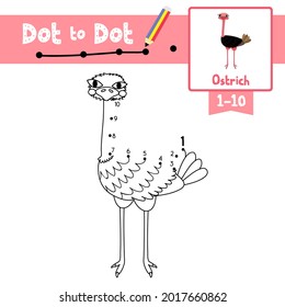 Dot to dot educational game and Coloring book of Ostrich animals cartoon for preschool kids activity about learning counting number 1-10 and handwriting practice worksheet. Vector Illustration.