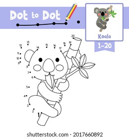 Dot to Dot pädagogisches Spiel und Farbbuch von Koala Bären Tiercartoon für Vorschulkinder Aktivitäten über das Lernen Zählen Nummer 1-20 und Handschrift-Übungsblatt. Vektorgrafik.