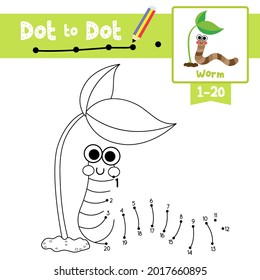 Dot to dot educational game and Coloring book of Happy Worm animals cartoon for preschool kids activity about learning counting number 1-20 and handwriting practice worksheet. Vector Illustration.