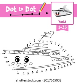 Dot to dot educational game and Coloring book of Yacht cartoon transportations for kids activity about counting number 1-35 and handwriting practice worksheet. Vector Illustration.