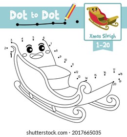 Dot to dot educational game and Coloring book of Xmas Sleigh cartoon transportations for kids activity about counting number 1-20 and handwriting practice worksheet. Vector Illustration.