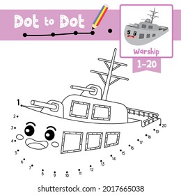 Dot to dot educational game and Coloring book of Warship cartoon transportations for kids activity about counting number 1-20 and handwriting practice worksheet. Vector Illustration.