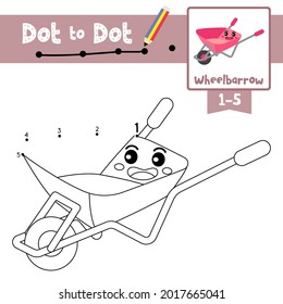 Dot to dot educational game and Coloring book of Wheelbarrow cartoon transportations for kids activity about counting number 1-5 and handwriting practice worksheet. Vector Illustration.