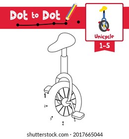 Dot to dot educational game and Coloring book of Unicycle cartoon transportations for kids activity about counting number 1-5 and handwriting practice worksheet. Vector Illustration.