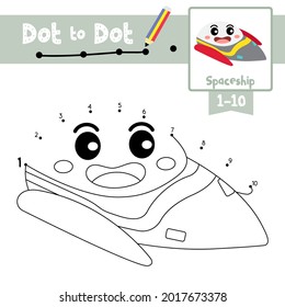 Juego educativo punto a punto y libro de Coloring de transporte de dibujos animados de Spaceship para los niños actividad sobre el conteo número 1-10 y la hoja de trabajo de práctica de escritura a mano. Ilustración vectorial.