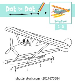 Juego educativo punto a punto y libro de Coloring de transporte de dibujos animados de Seaplane para los niños actividad sobre el recuento número 1-5 y la hoja de prácticas de escritura a mano. Ilustración vectorial.