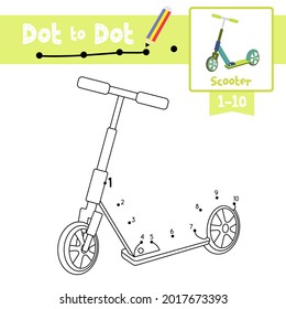 Juego educativo punto a punto y libro de Coloring de transporte de dibujos animados Scooter para los niños actividad sobre el recuento número 1-10 y la hoja de trabajo de práctica de escritura a mano. Ilustración vectorial.