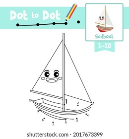 Dot to dot educational game and Coloring book of Sailboat cartoon transportations for kids activity about counting number 1-10 and handwriting practice worksheet. Vector Illustration.