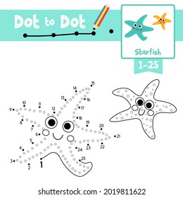 Dot to dot educational game and Coloring book of Starfish animals cartoon for preschool kids activity about learning counting number 1-25 and handwriting practice worksheet. Vector Illustration.