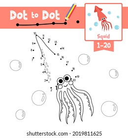 Dot to dot educational game and Coloring book of Squid animals cartoon for preschool kids activity about learning counting number 1-20 and handwriting practice worksheet. Vector Illustration.