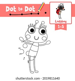 Dot to dot educational game and Coloring book of Ladybug animals cartoon for preschool kids activity about learning counting number 1-5 and handwriting practice worksheet. Vector Illustration.