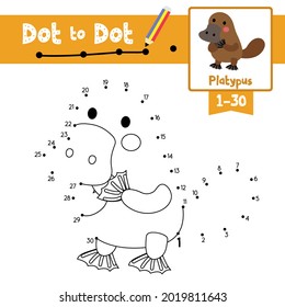 Dot to dot educational game and Coloring book of Platypus animals cartoon for preschool kids activity about learning counting number 1-30 and handwriting practice worksheet. Vector Illustration.