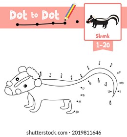 Dot to dot educational game and Coloring book of Skunk animals cartoon for preschool kids activity about learning counting number 1-20 and handwriting practice worksheet. Vector Illustration.