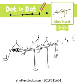 Dot to dot educational game and Coloring book of Stick Insect animals cartoon for preschool kids activity about learning counting number 1-20 and handwriting practice worksheet. Vector Illustration.