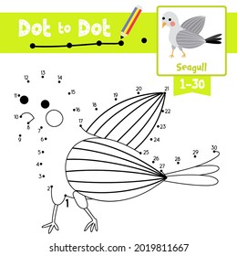 Dot to dot educational game and Coloring book of Seagull bird animals cartoon for preschool kids activity about learning counting number 1-30 and handwriting practice worksheet. Vector Illustration.