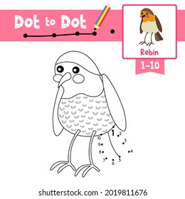 Dot to dot educational game and Coloring book of Robin bird animals cartoon for preschool kids activity about learning counting number 1-10 and handwriting practice worksheet. Vector Illustration.