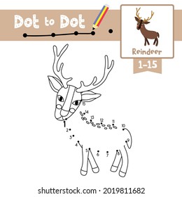 Dot to dot educational game and Coloring book of Reindeer animals cartoon for preschool kids activity about learning counting number 1-15 and handwriting practice worksheet. Vector Illustration.