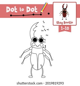 Dot to dot educational game and Coloring book of Stag Beetle animals cartoon for preschool kids activity about learning counting number 1-10 and handwriting practice worksheet. Vector Illustration.