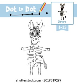 Dot to dot educational game and Coloring book of Zebra animals cartoon character for preschool kids activity about learning counting number 1-15 and handwriting practice worksheet. Vector Illustration