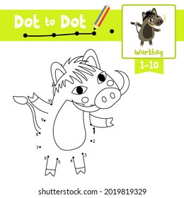 Dot to dot educational game and Coloring book of Warthog animals cartoon for preschool kids activity about learning counting number 1-10 and handwriting practice worksheet. Vector Illustration.