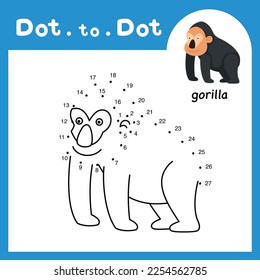 Dot to Dot pädagogisches Spiel und Farbbuch von Gorilla Tiercartoon für Vorschulkinder Aktivität über das Zählen von Zahlen und Handschrift Übungsblatt. Vektorgrafik