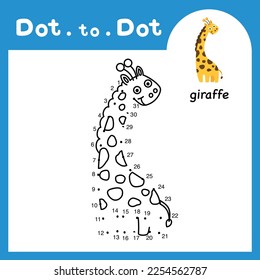 Juego educativo Punto a punto y libro de colorear de dibujos animados de animales de jirafa para niños preescolares actividad sobre el número de recuento de aprendizaje y la hoja de trabajo de práctica de escritura a mano. ilustración vectorial