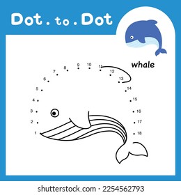 Dot to dot educational game and coloring book of whale animal cartoon for preschool kids activity about learning counting number and handwriting practice worksheet. vector illustration