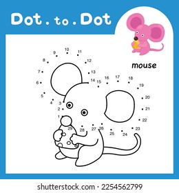 Dot to dot educational game and coloring book of mouse animal cartoon for preschool kids activity about learning counting number and handwriting practice worksheet. vector illustration