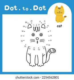 Dot to dot educational game and coloring book of cat animal cartoon for preschool kids activity about learning counting number and handwriting practice worksheet. vector illustration