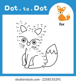 Dot to dot educational game and coloring book of fox animal cartoon for preschool kids activity about learning counting number and handwriting practice worksheet. vector illustration