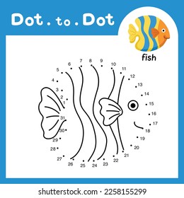 Dot to dot educational game and coloring book of fish animal cartoon for preschool kids activity about learning counting number and handwriting practice worksheet. vector illustration