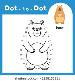 Dot to dot educational game and coloring book of bear animal cartoon for preschool kids activity about learning counting number and handwriting practice worksheet. vector illustration
