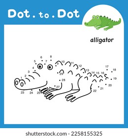 Dot to dot educational game and coloring book of alligator animal cartoon for preschool kids activity about learning counting number and handwriting practice worksheet. vector illustration