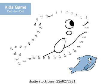 Dot to dot educational game for kids. Cute cartoon dolphin. Numbers game. Activity worksheet for children. Connect the dots and color. Vector illustration.