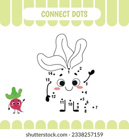 Dot to dot educational game for preschool kids. Beet. Activity worksheet. Counting number  handwriting practice. Vector Illustration.