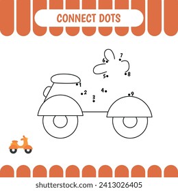 Dot to dot educational game for preschool kids. Activity worksheet. Moped