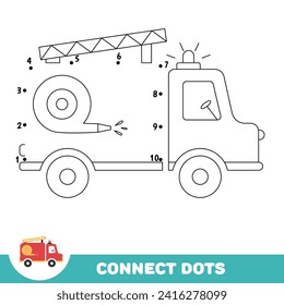 Dot to dot educational game for preschool kids. Connect numbers. Color fire engine. Vector