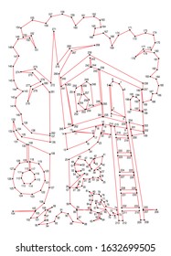 Dot to dot educational game. Tree house with ladder and tire swing.