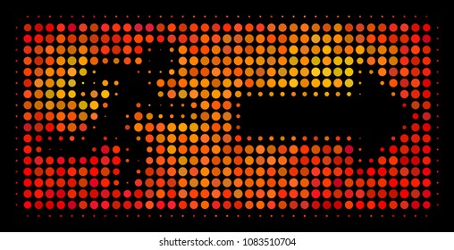 Dot emergency exit icon. Bright pictogram in fire orange color shades on a black background. Vector halftone mosaic of emergency exit icon done of circle elements.