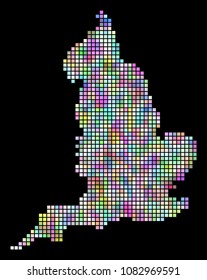 Dot England map. Vector geographic map in smoothed casual colors on a black background. Vector concept of England map formed of regular small rectangles.