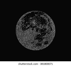 Dot Engraving monochrome Background. Vector Full Moon Illustration.